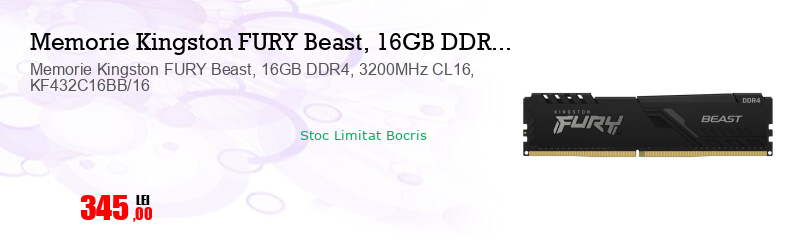 Memorie Kingston FURY Beast, 16GB DDR4, 3200MHz CL16, KF432C16BB/16