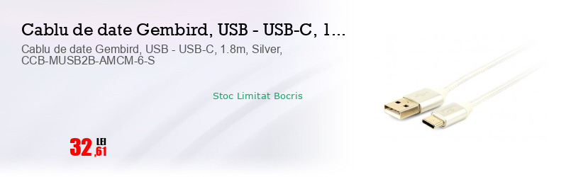 Cablu de date Gembird, USB - USB-C, 1.8m, Silver, CCB-MUSB2B-AMCM-6-S