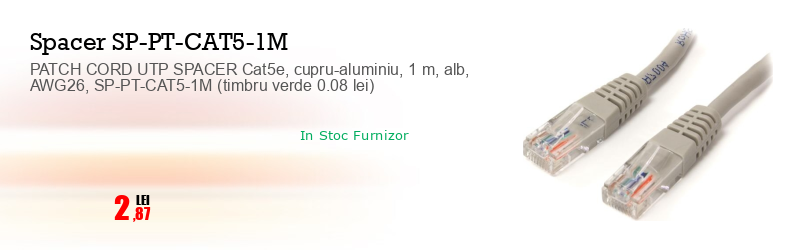 PATCH CORD UTP SPACER Cat5e, cupru-aluminiu, 1 m, alb, AWG26, SP-PT-CAT5-1M (timbru verde 0.08 lei) 