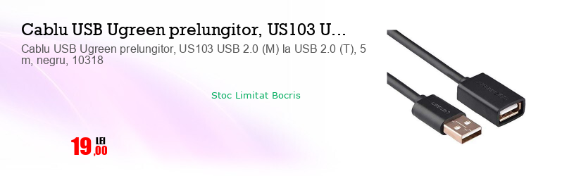 Cablu USB Ugreen prelungitor, US103 USB 2.0 (M) la USB 2.0 (T), 5 m, negru, 10318