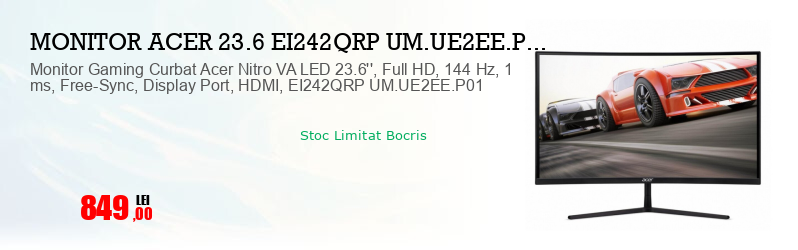 Monitor Gaming Curbat Acer Nitro VA LED 23.6'', Full HD, 144 Hz, 1 ms, Free-Sync, Display Port, HDMI, EI242QRP UM.UE2EE.P01 
