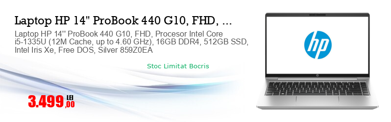 Laptop HP 14'' ProBook 440 G10, FHD, Procesor Intel Core i5-1335U (12M Cache, up to 4.60 GHz), 16GB DDR4, 512GB SSD, Intel Iris Xe, Free DOS, Silver 859Z0EA
