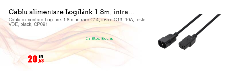 Cablu alimentare LogiLink 1.8m, intrare C14, iesire C13, 10A, testat VDE, black, CP091