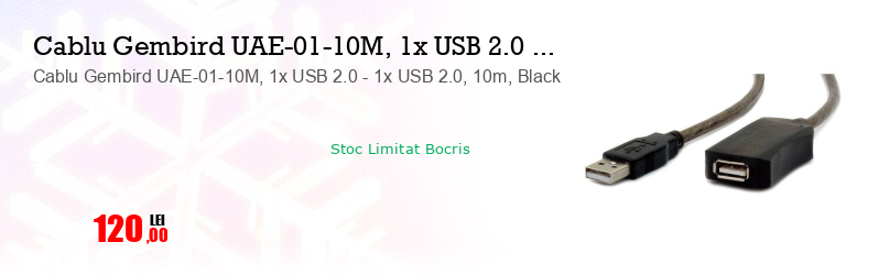 Cablu Gembird UAE-01-10M, 1x USB 2.0 - 1x USB 2.0, 10m, Black