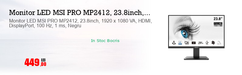 Monitor LED MSI PRO MP2412, 23.8inch, 1920 x 1080 VA, HDMI, DisplayPort, 100 Hz, 1 ms, Negru