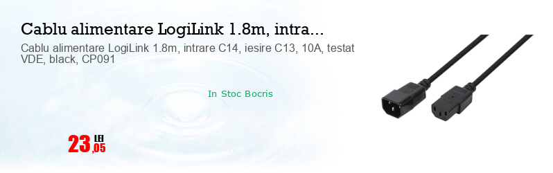 Cablu alimentare LogiLink 1.8m, intrare C14, iesire C13, 10A, testat VDE, black, CP091