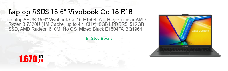 Laptop ASUS 15.6'' Vivobook Go 15 E1504FA, FHD, Procesor AMD Ryzen 3 7320U (4M Cache, up to 4.1 GHz), 8GB LPDDR5, 512GB SSD, AMD Radeon 610M, No OS, Mixed Black E1504FA-BQ1964