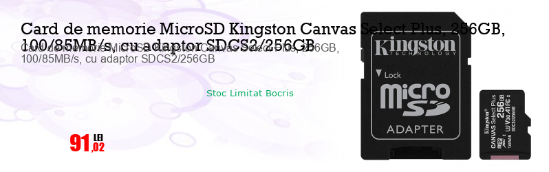 Card de memorie MicroSD Kingston Canvas Select Plus, 256GB, 100/85MB/s, cu adaptor SDCS2/256GB
