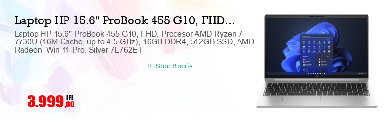 Laptop HP 15.6'' ProBook 455 G10, FHD, Procesor AMD Ryzen 7 7730U (16M Cache, up to 4.5 GHz), 16GB DDR4, 512GB SSD, AMD Radeon, Win 11 Pro, Silver 7L762ET