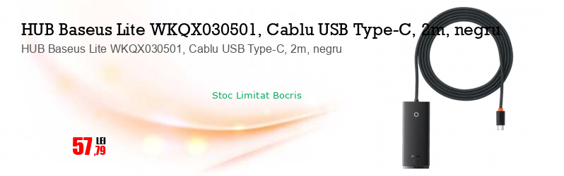 HUB Baseus Lite WKQX030501, Cablu USB Type-C, 2m, negru