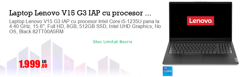 Laptop Lenovo V15 G3 IAP cu procesor Intel Core i5-1235U pana la 4.40 GHz, 15.6'', Full HD, 8GB, 512GB SSD, Intel UHD Graphics, No OS, Black 82TT00A5RM