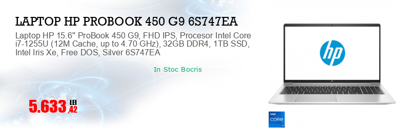 Laptop HP 15.6'' ProBook 450 G9, FHD IPS, Procesor Intel Core i7-1255U (12M Cache, up to 4.70 GHz), 32GB DDR4, 1TB SSD, Intel Iris Xe, Free DOS, Silver 6S747EA