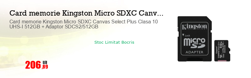 Card memorie Kingston Micro SDXC Canvas Select Plus Clasa 10 UHS-I 512GB + Adaptor SDCS2/512GB