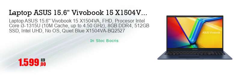 Laptop ASUS 15.6'' Vivobook 15 X1504VA, FHD, Procesor Intel Core i3-1315U (10M Cache, up to 4.50 GHz), 8GB DDR4, 512GB SSD, Intel UHD, No OS, Quiet Blue X1504VA-BQ2527