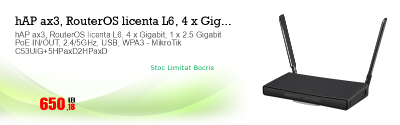 hAP ax3, RouterOS licenta L6, 4 x Gigabit, 1 x 2.5 Gigabit PoE IN/OUT, 2.4/5GHz, USB, WPA3 - MikroTik C53UiG+5HPaxD2HPaxD  