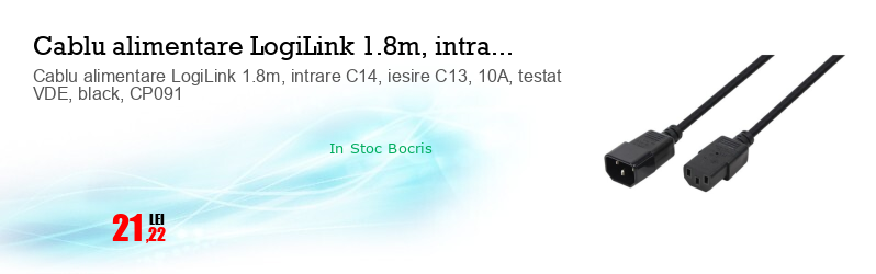 Cablu alimentare LogiLink 1.8m, intrare C14, iesire C13, 10A, testat VDE, black, CP091