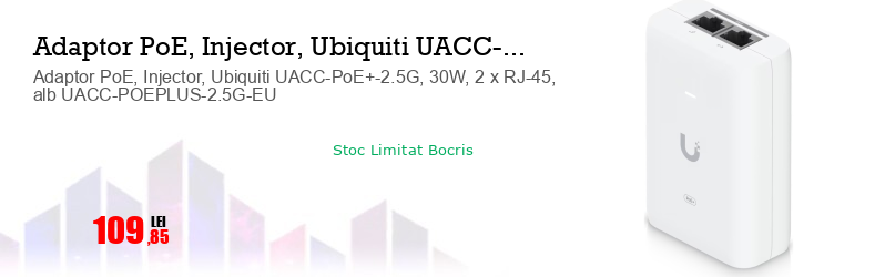 Adaptor PoE, Injector, Ubiquiti UACC-PoE+-2.5G, 30W, 2 x RJ-45, alb UACC-POEPLUS-2.5G-EU