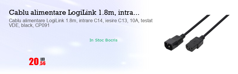 Cablu alimentare LogiLink 1.8m, intrare C14, iesire C13, 10A, testat VDE, black, CP091