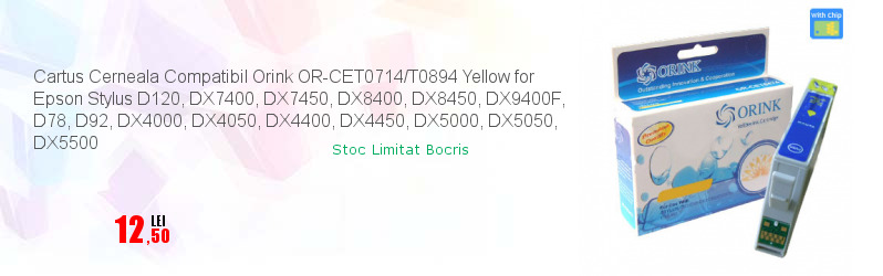 Cartus Cerneala Compatibil Orink OR-CET0714/T0894 Yellow for Epson Stylus D120, DX7400, DX7450, DX8400, DX8450, DX9400F, D78, D92, DX4000, DX4050, DX4400, DX4450, DX5000, DX5050, DX5500