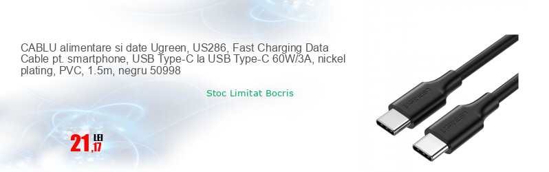 CABLU alimentare si date Ugreen, US286, Fast Charging Data Cable pt. smartphone, USB Type-C la USB Type-C 60W/3A, nickel plating, PVC, 1.5m, negru 50998