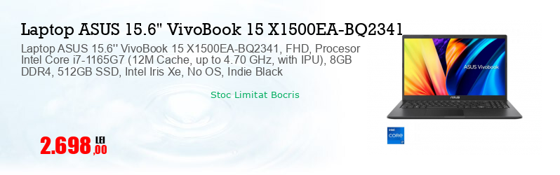 Laptop ASUS 15.6'' VivoBook 15 X1500EA-BQ2341, FHD, Procesor Intel Core i7-1165G7 (12M Cache, up to 4.70 GHz, with IPU), 8GB DDR4, 512GB SSD, Intel Iris Xe, No OS, Indie Black