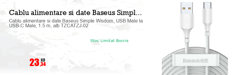 Cablu alimentare si date Baseus Simple Wisdom, USB Male la USB-C Male, 1.5 m, alb TZCATZJ-02