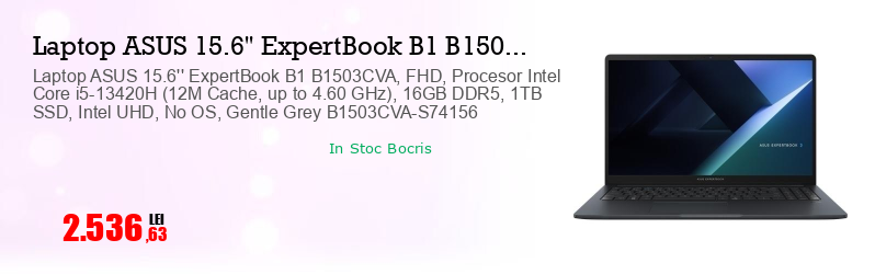 Laptop ASUS 15.6'' ExpertBook B1 B1503CVA, FHD, Procesor Intel Core i5-13420H (12M Cache, up to 4.60 GHz), 16GB DDR5, 1TB SSD, Intel UHD, No OS, Gentle Grey B1503CVA-S74156