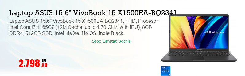 Laptop ASUS 15.6'' VivoBook 15 X1500EA-BQ2341, FHD, Procesor Intel Core i7-1165G7 (12M Cache, up to 4.70 GHz, with IPU), 8GB DDR4, 512GB SSD, Intel Iris Xe, No OS, Indie Black