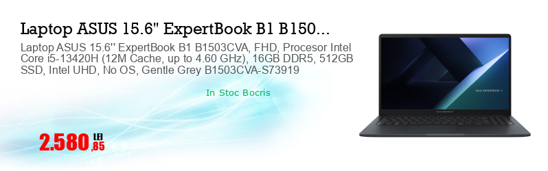 Laptop ASUS 15.6'' ExpertBook B1 B1503CVA, FHD, Procesor Intel Core i5-13420H (12M Cache, up to 4.60 GHz), 16GB DDR5, 512GB SSD, Intel UHD, No OS, Gentle Grey B1503CVA-S73919