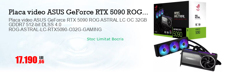 Placa video ASUS GeForce RTX 5090 ROG ASTRAL LC OC 32GB GDDR7 512-bit DLSS 4.0 ROG-ASTRAL-LC-RTX5090-O32G-GAMING