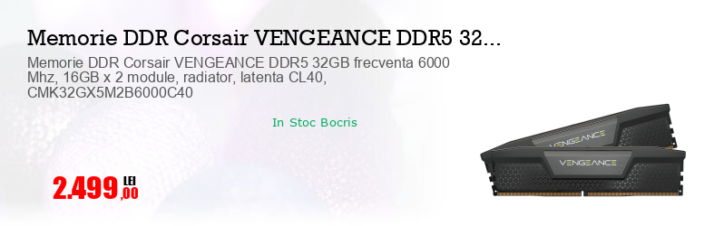 Memorie DDR Corsair VENGEANCE DDR5 32GB frecventa 6000 Mhz, 16GB x 2 module, radiator, latenta CL40, CMK32GX5M2B6000C40