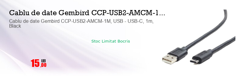 Cablu de date Gembird CCP-USB2-AMCM-1M, USB - USB-C, 1m, Black