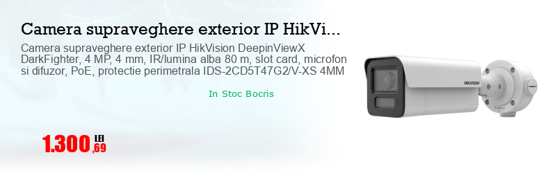 Camera supraveghere exterior IP HikVision DeepinViewX DarkFighter, 4 MP, 4 mm, IR/lumina alba 80 m, slot card, microfon si difuzor, PoE, protectie perimetrala IDS-2CD5T47G2/V-XS 4MM
