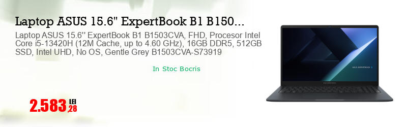 Laptop ASUS 15.6'' ExpertBook B1 B1503CVA, FHD, Procesor Intel Core i5-13420H (12M Cache, up to 4.60 GHz), 16GB DDR5, 512GB SSD, Intel UHD, No OS, Gentle Grey B1503CVA-S73919