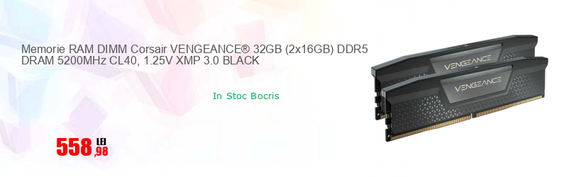 Memorie RAM DIMM Corsair VENGEANCE® 32GB (2x16GB) DDR5 DRAM 5200MHz CL40, 1.25V XMP 3.0 BLACK