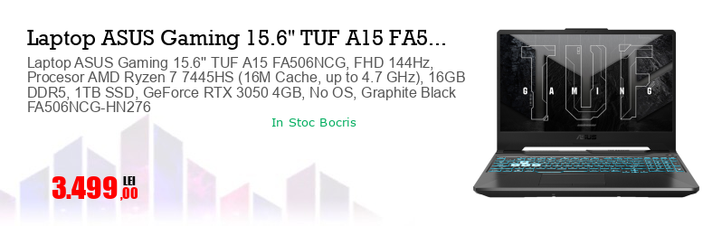 Laptop ASUS Gaming 15.6'' TUF A15 FA506NCG, FHD 144Hz, Procesor AMD Ryzen 7 7445HS (16M Cache, up to 4.7 GHz), 16GB DDR5, 1TB SSD, GeForce RTX 3050 4GB, No OS, Graphite Black FA506NCG-HN276