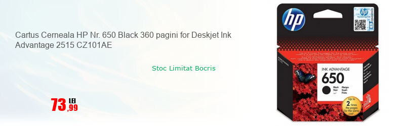 Cartus Cerneala HP Nr. 650 Black 360 pagini for Deskjet Ink Advantage 2515 CZ101AE