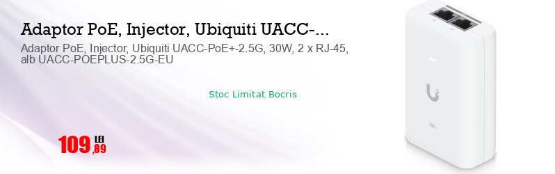 Adaptor PoE, Injector, Ubiquiti UACC-PoE+-2.5G, 30W, 2 x RJ-45, alb UACC-POEPLUS-2.5G-EU
