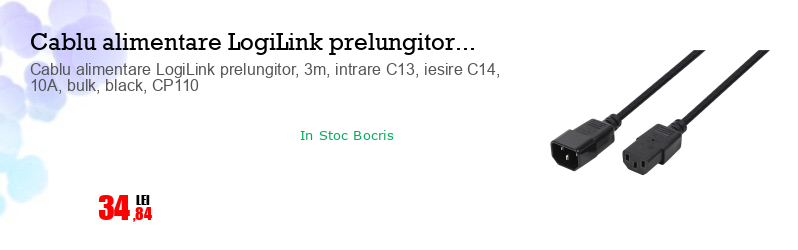 Cablu alimentare LogiLink prelungitor, 3m, intrare C13, iesire C14, 10A, bulk, black, CP110