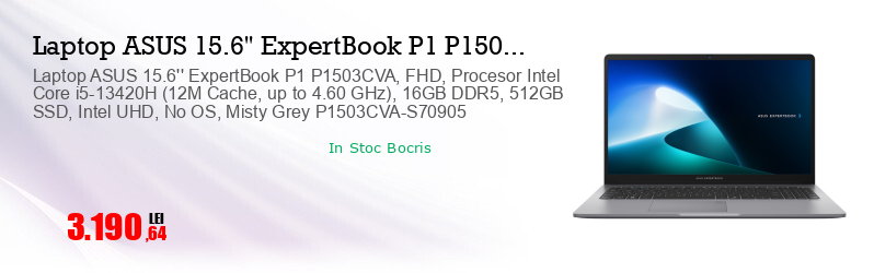 Laptop ASUS 15.6'' ExpertBook P1 P1503CVA, FHD, Procesor Intel Core i5-13420H (12M Cache, up to 4.60 GHz), 16GB DDR5, 512GB SSD, Intel UHD, No OS, Misty Grey P1503CVA-S70905