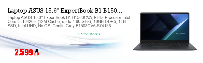 Laptop ASUS 15.6'' ExpertBook B1 B1503CVA, FHD, Procesor Intel Core i5-13420H (12M Cache, up to 4.60 GHz), 16GB DDR5, 1TB SSD, Intel UHD, No OS, Gentle Grey B1503CVA-S74156