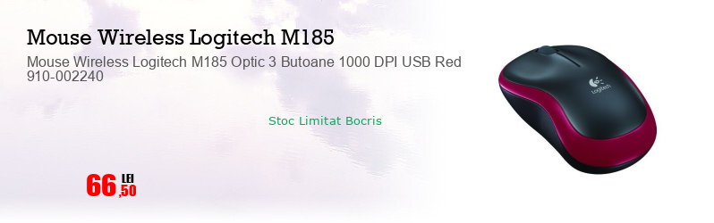 Mouse Wireless Logitech M185 Optic 3 Butoane 1000 DPI USB Red 910-002240