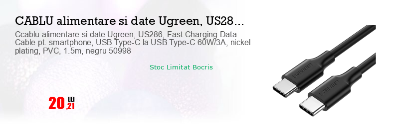 Ccablu alimentare si date Ugreen, US286, Fast Charging Data Cable pt. smartphone, USB Type-C la USB Type-C 60W/3A, nickel plating, PVC, 1.5m, negru 50998