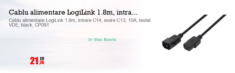 Cablu alimentare LogiLink 1.8m, intrare C14, iesire C13, 10A, testat VDE, black, CP091