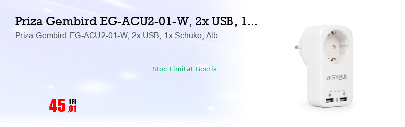 Priza Gembird EG-ACU2-01-W, 2x USB, 1x Schuko, Alb