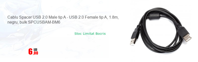 Cablu Spacer USB 2.0 Male tip A - USB 2.0 Female tip A, 1.8m, negru, bulk SPCUSBAM-BM6