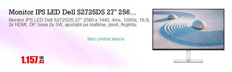 Monitor IPS LED Dell S2725DS 27'' 2560 x 1440, 4ms, 100Hz, 16:9, 2x HDMI, DP, boxe 2x 5W, ajustabil pe inaltime, pivot, Argintiu  