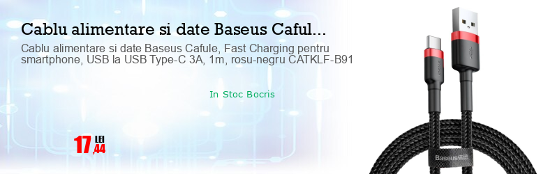 Cablu alimentare si date Baseus Cafule, Fast Charging pentru smartphone, USB la USB Type-C 3A, 1m, rosu-negru CATKLF-B91