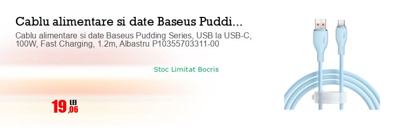 Cablu alimentare si date Baseus Pudding Series, USB la USB-C, 100W, Fast Charging, 1.2m, Albastru P10355703311-00