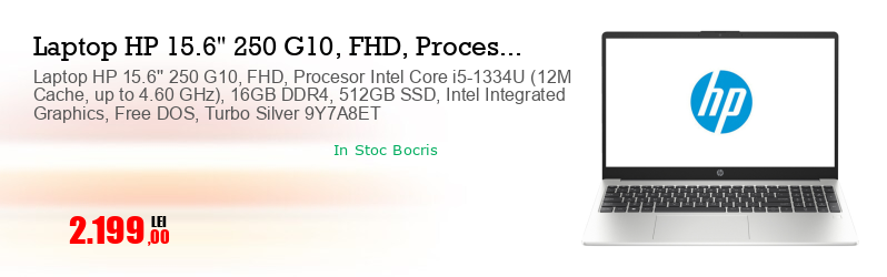 Laptop HP 15.6'' 250 G10, FHD, Procesor Intel Core i5-1334U (12M Cache, up to 4.60 GHz), 16GB DDR4, 512GB SSD, Intel Integrated Graphics, Free DOS, Turbo Silver 9Y7A8ET